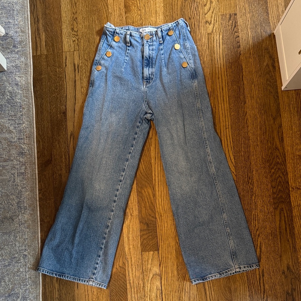 Zara Blue Flare Wide-Leg Jeans with Button Detail